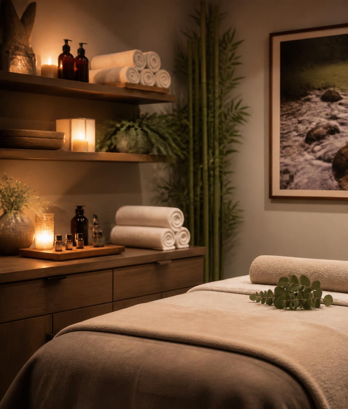 Warm, candlelit treatment room with towels and essential oils